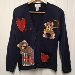 VTG 90s SML Embroidered Cardigan Sweater Womens Small Navy Blue Knit Country EUC